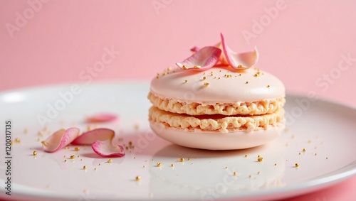 Delicate French Macaron with Rose Petal Buttercream and Gold Dust, Captured in Elegant Wide and Medium Shots