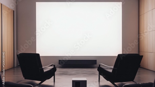 Fototapeta Naklejka Na Ścianę i Meble -  A room with a white wall and two black chairs. The chairs are facing a large white screen