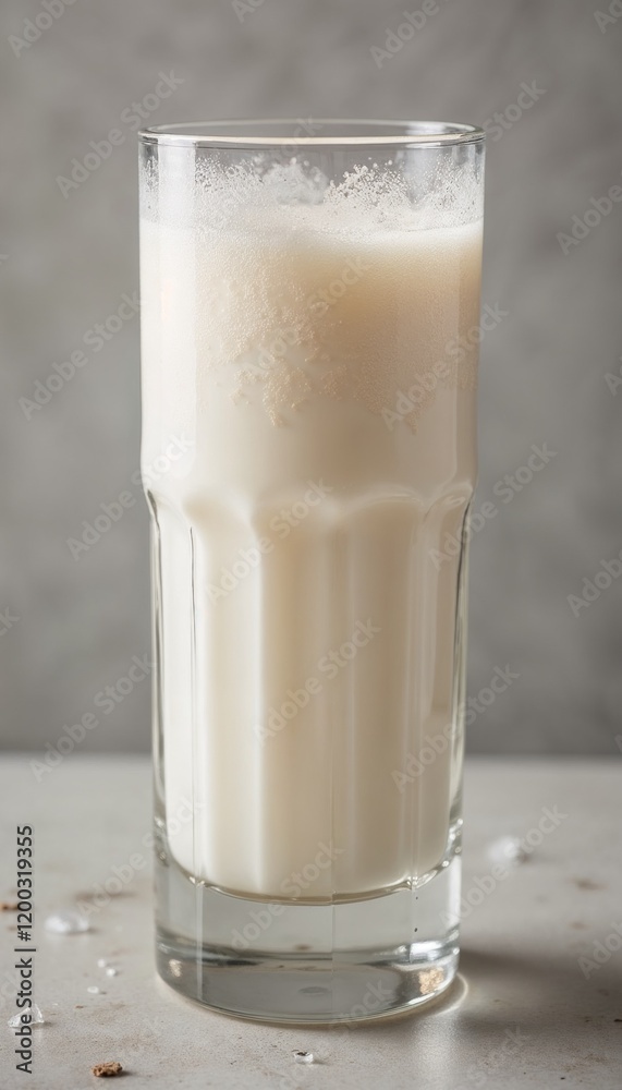 Chilled glass of Ayran with frothy texture, photorealistic close-up Chilled glass of Ayran with frothy texture, photorealistic close-up