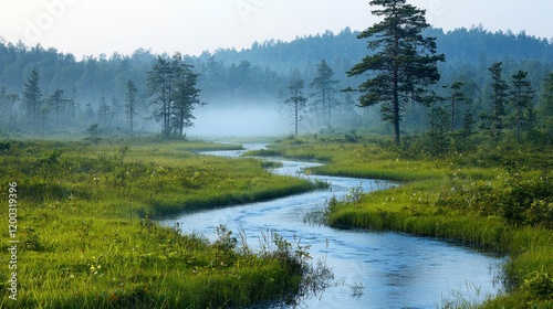 River flows through a misty field of trees photo