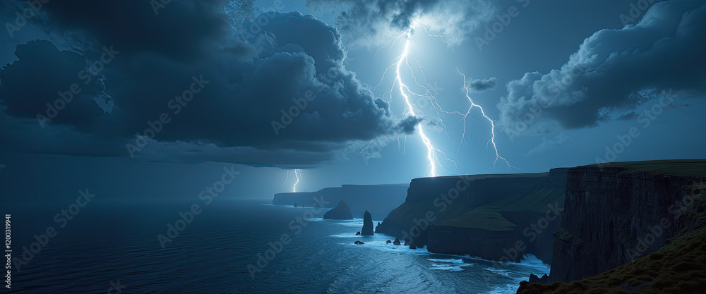 Fototapeta premium Dramatic lightning over ocean cliffs at night