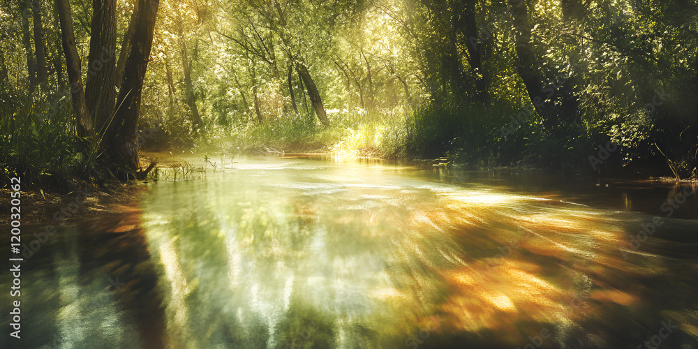 Fototapeta premium Blurred Forest Creek with Sunlight Reflecting on the Water