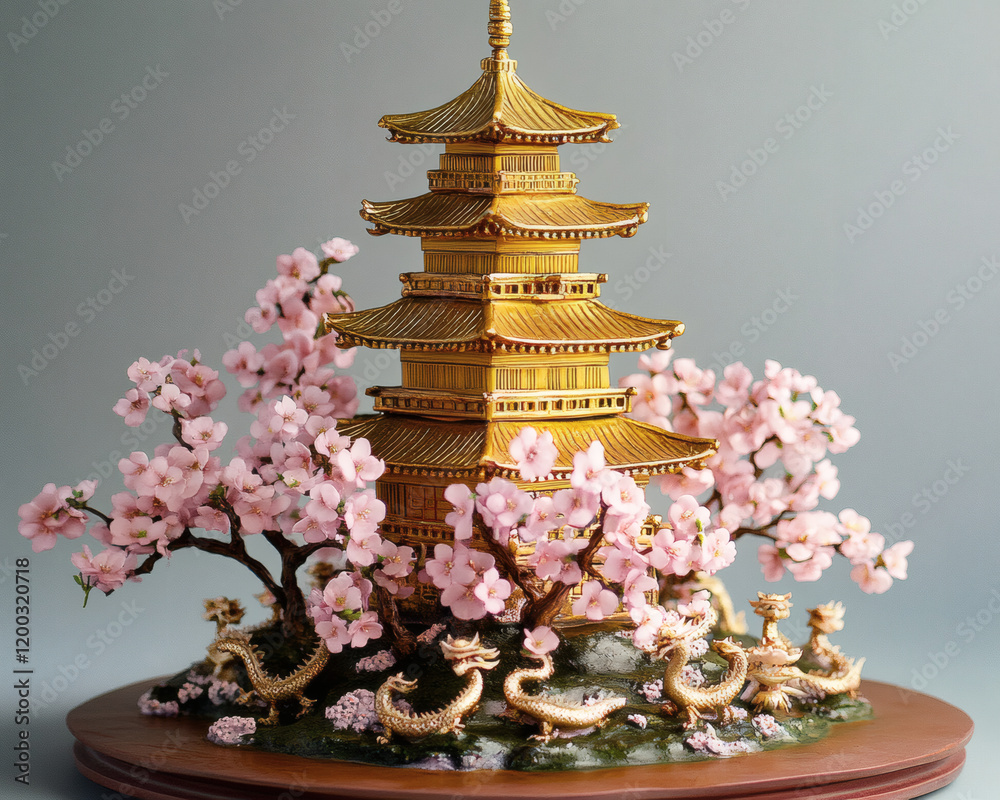 Obraz premium Cultural depiction of this is a 3d ceramic sculpture of a golden pagoda surrounded by cherry blossoms, with tiny dragon figurines guarding the base.