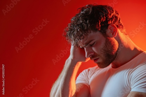 A dramatic portrait of a young man in emotional distress, using lighting and shadow to emphasize his pensive mood, showcasing vulnerability and an existential moment of reflection. photo