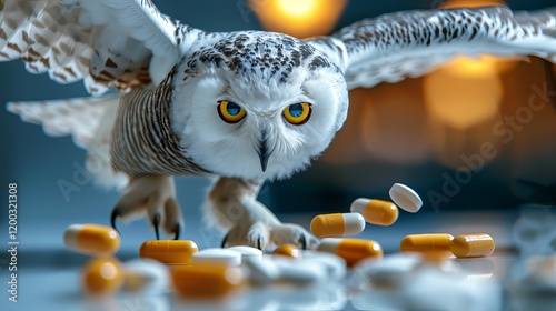 A striking snowy owl with piercing yellow eyes poses amidst scattered colorful capsules, creating a surreal and captivating scene.