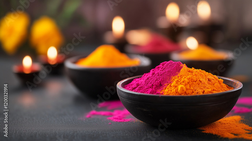 A vibrant Holi celebration scene with bowls of pink, yellow, and orange gulal powders, marigold flowers, and lit diyas placed around the table, with soft lighting enhancing the moo photo