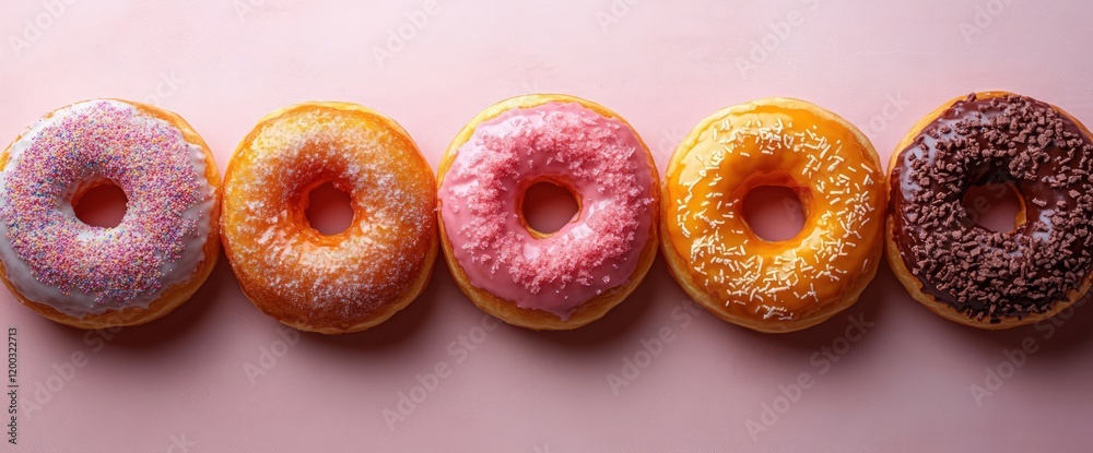 Colorful donuts in a row on pink. Food photography Colorful donuts in a row on pink. Food photography