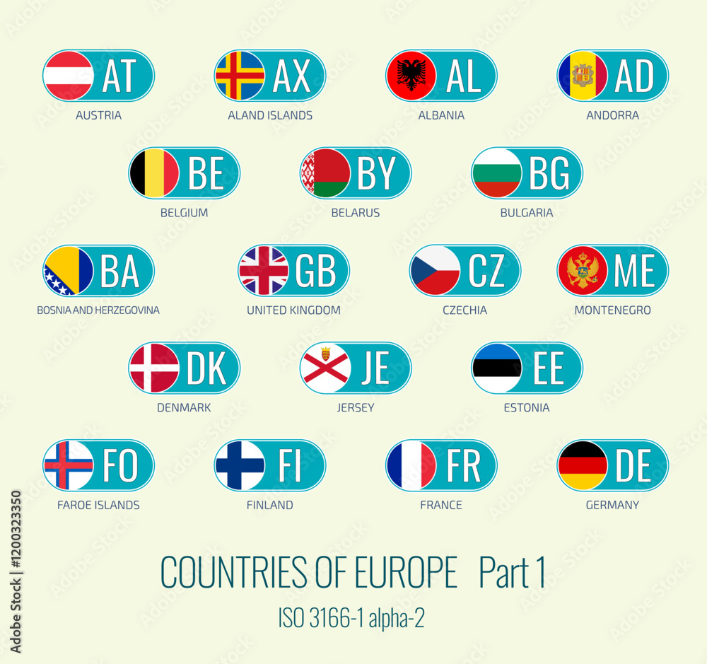 Obraz premium Set of vector illustrations of of ISO 3166 1 alpha 2 and flags of the European Union countries. Part 1. 