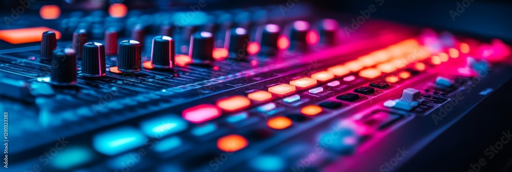 Fototapeta premium Professional Audio Mixing Console with Faders and Knobs illuminated with Colorful Lights