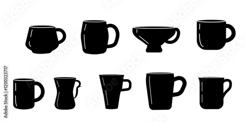 Set of black silouette tea cups with different forms isolated.