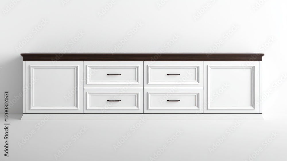 A sleek white and dark walnut wall unit featuring cubical storage spaces, drawers, and panel doors A sleek white and dark walnut wall unit featuring cubical storage spaces, drawers, and panel doors