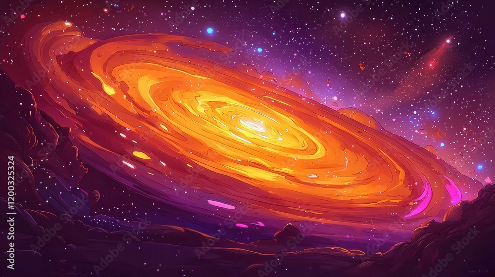 Obraz premium A vibrant swirling galaxy in space, showcasing bright orange and purple hues amidst stars and cosmic dust.