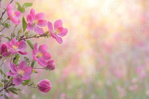 In a springtime setting, the background is filled with blossoming white cherry trees, creating a charming scene