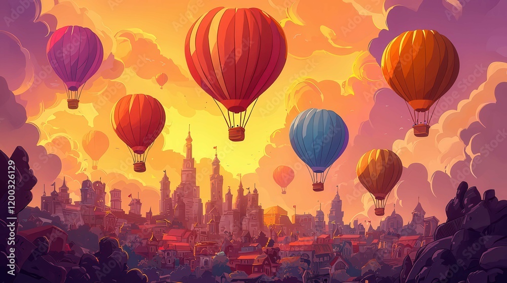 Fototapeta premium Colorful hot air balloons over a vibrant sunset cityscape with a variety of architectural styles.