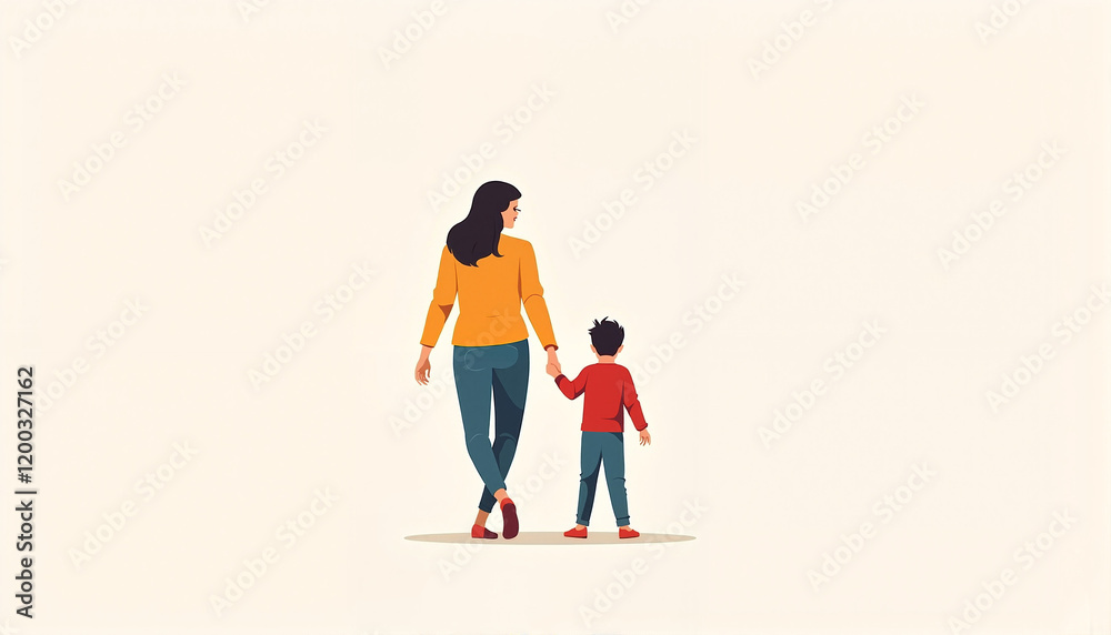 Mother and child walking hand in hand against a light background Mother and child walking hand in hand against a light background