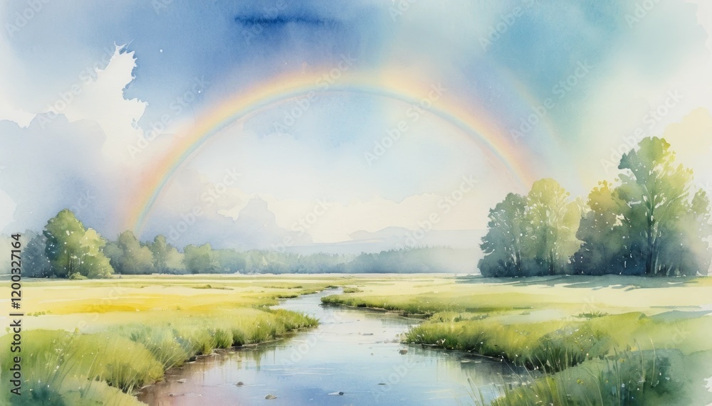 Beautiful watercolor illustration depicting a vibrant rainbow arching over a serene landscape after a gentle rain with lush greenery and a tranquil stream Beautiful watercolor illustration depicting a vibrant rainbow arching over a serene landscape after a gentle rain with lush greenery and a tranquil stream