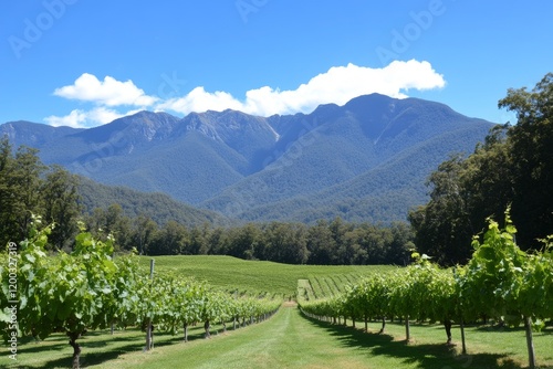 In the vineyards of Pokolbin, Hunter Valley, grapevines grow in neat rows, with vibrant new shoots appearing in the spring