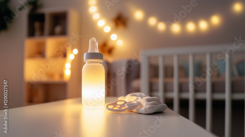 A close-up of a baby bottle filled with milk and two pacifiers on a minimalist table, the nursery featuring soft colors, a glowing nightlight, and calming decor photo