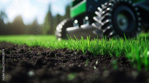 A close-up of a heavy-duty roller aerator with steel spikes digging into the ground, the grass blades parting neatly to reveal healthy soil underneath photo