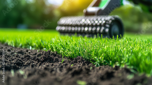 A focused shot of a garden roller aerator moving across the lawn, the spiked blades sinking into the ground, leaving a neat pattern of holes for better root aeration photo