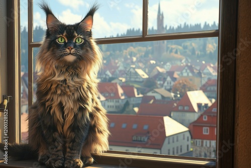 Majestic Maine Coon Cat with Fluffy Fur and Green Eyes on Sunlit Window Sill Overlooking Quaint German Village and Rolling Hills photo