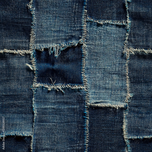 Frayed denim patchwork texture with varying shades of blue fabric pieces photo