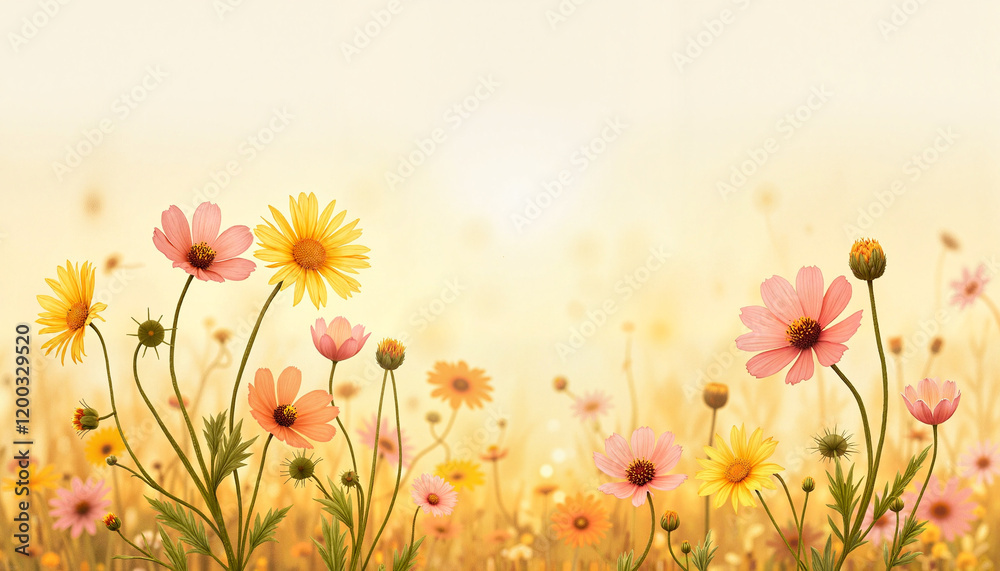 Fototapeta premium Colorful flowers blooming in golden sunlight