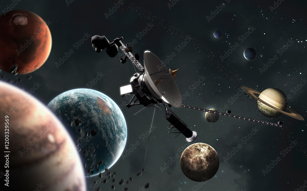 3D illustration of Voyager spacecraft leaving solar system. High quality digital space sci-fi art in 5K - realistic visualization