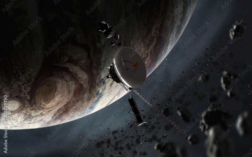 3D illustration of Voyager spacecraft near Jupiter. High quality digital space sci-fi art in 5K - realistic visualization