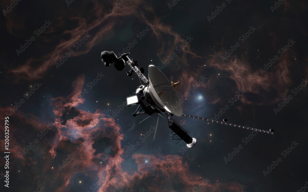 3D illustration of Voyager spacecraft in deep space. High quality digital cosmic sci-fi art in 5K - realistic visualization