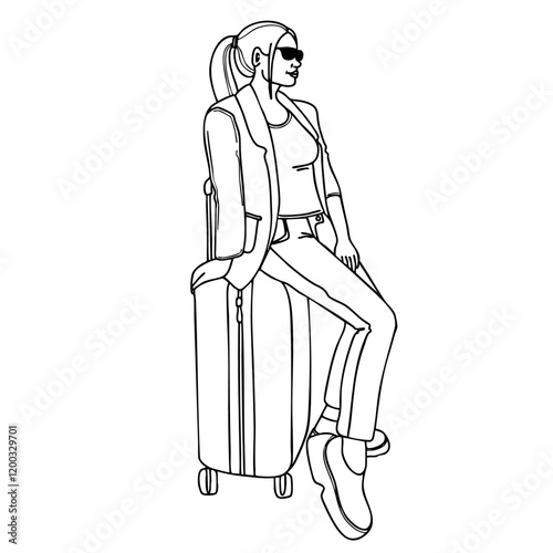 Female traveler sits confidently on her rolling suitcase, wearing sunglasses and casual attire. The minimalist line art vector illustration captures modern travel,  and adventure, tourism design