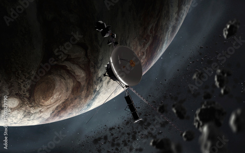 Obraz na płótnie 3D illustration of Voyager spacecraft near Jupiter. High quality digital space sci-fi art in 5K - realistic visualization w salonie