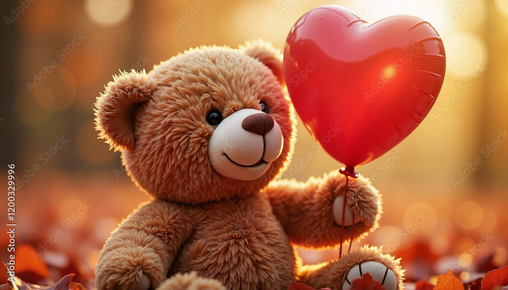 Fototapeta premium Teddy bear holding heart balloon in autumn scenery