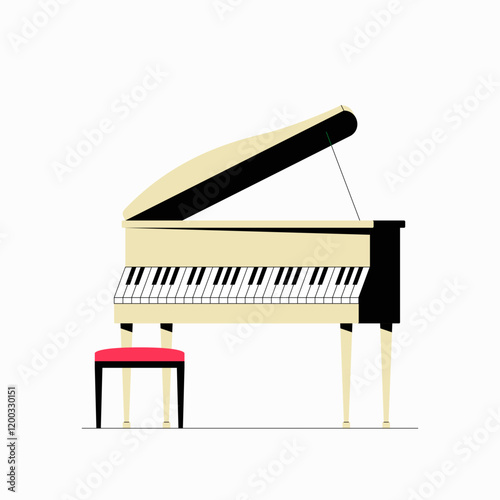 Grand Piano And Stool In Flat Vector Illustration Symbolizing Music, Performance, And Classical Concerts, Isolated On White Background
