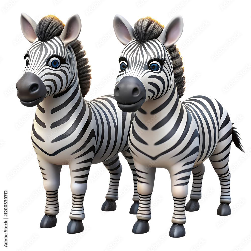 Obraz premium Couple of adorable cartoon zebras 3d illustration isolated on the transparent background. Safari wildlife