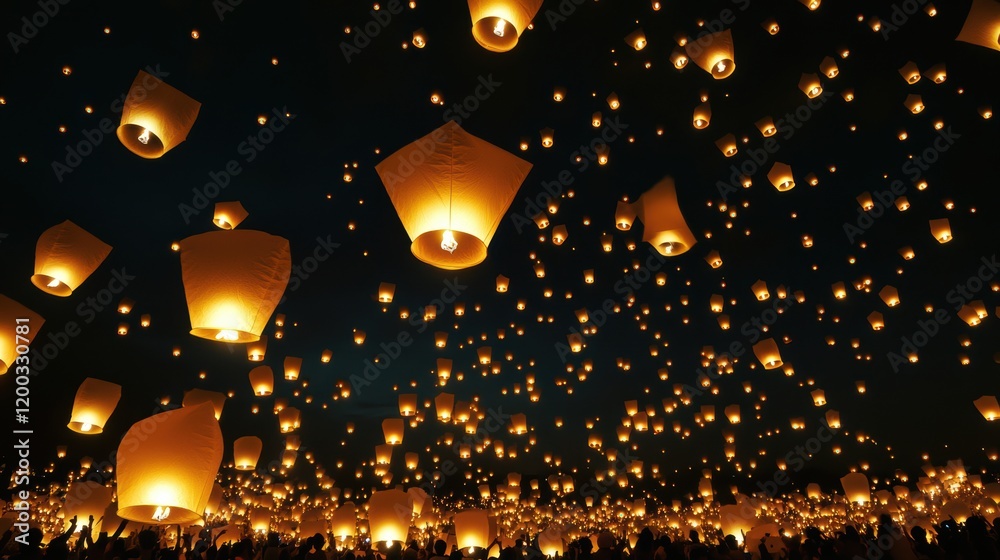 Obraz premium Traditional flying lanterns float in the night sky during the traditional Chinese New Year Lantern Festival celebrations