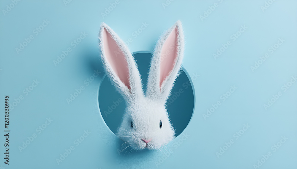 Fototapeta premium White rabbit ear on pastel blue background. Easter day