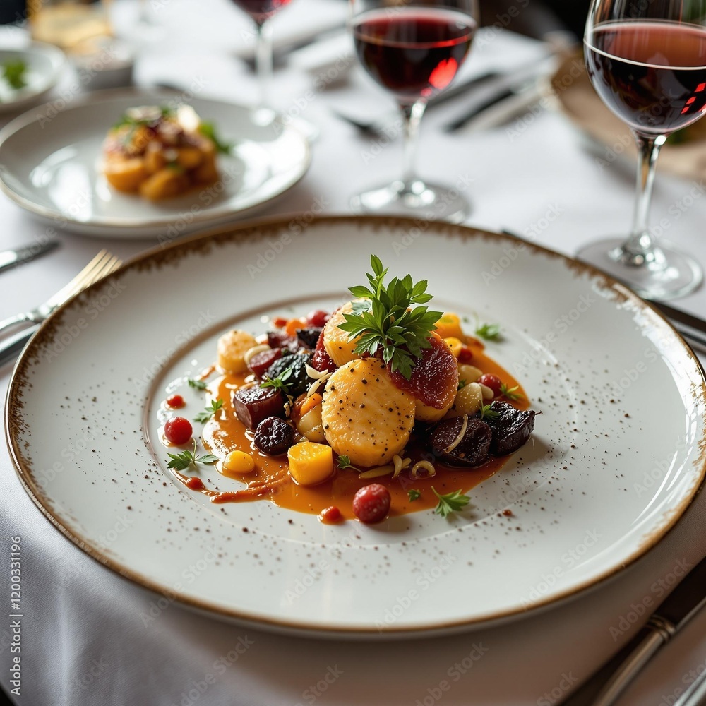 A cinematic shot of a perfectly plated gourmet meal on a white tablecloth, surrounded by elegantly placed cutlery and wine glasses A cinematic shot of a perfectly plated gourmet meal on a white tablecloth, surrounded by elegantly placed cutlery and wine glasses