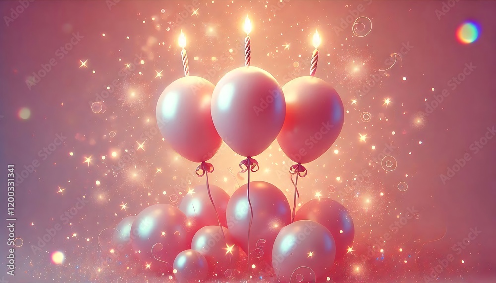 Soft gradient pink background with balloons shaped like birthday candles, glowing softly, and surrounded by tiny sparkles. Generative AI Soft gradient pink background with balloons shaped like birthday candles, glowing softly, and surrounded by tiny sparkles. Generative AI