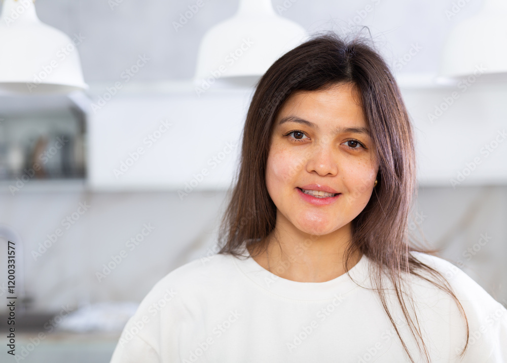Closeup portrait of pleasant smiling dark-haired young woman dressed in white jumper posing in light home or office interior, looking at camera .. Closeup portrait of pleasant smiling dark-haired young woman dressed in white jumper posing in light home or office interior, looking at camera ..