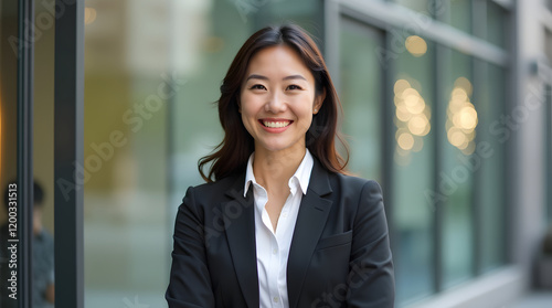 Happy business woman standing outside a office building