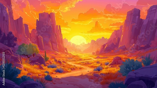 A vibrant sunset landscape with rocky formations and a winding path in a dramatic desert scene. photo