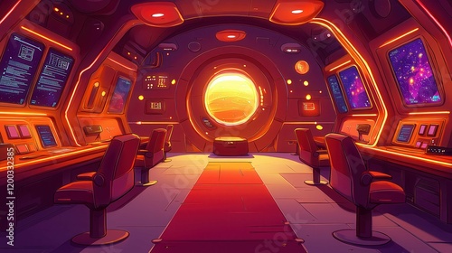 Fototapeta Naklejka Na Ścianę i Meble -  Futuristic spaceship interior with bright orange lighting and a view of a planet outside.