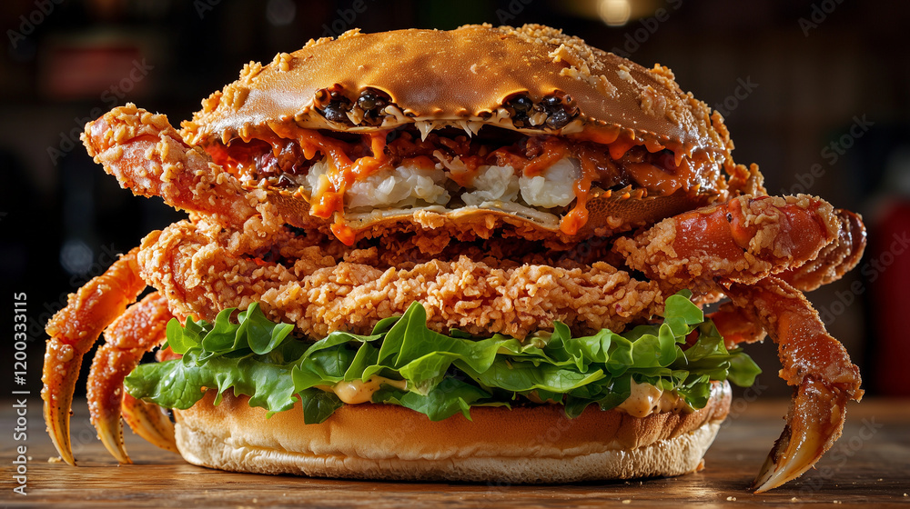 A colossal deepfried crab dominates this gourmet burger. Crispy fried crab meat, lettuce, and a bun create a visually stunning, seafoodcentric culinary masterpiece A colossal deepfried crab dominates this gourmet burger. Crispy fried crab meat, lettuce, and a bun create a visually stunning, seafoodcentric culinary masterpiece