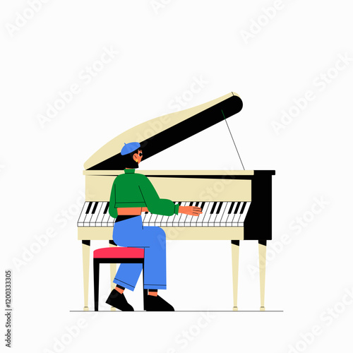 Female Pianist Playing Grand Piano In Flat Vector Illustration Symbolizing Music, Creativity, And Performance, Isolated On White Background