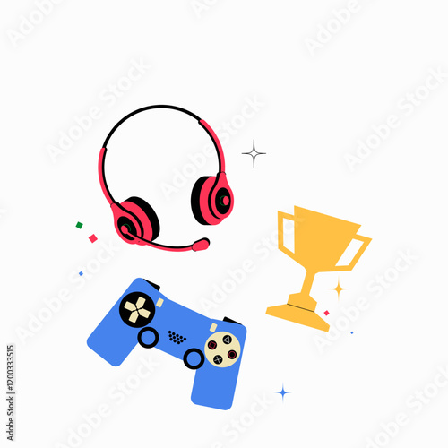 Gaming Headset, Controller, And Trophy In Flat Vector Illustration Symbolizing Video Games, Competition, And Entertainment, Isolated On White Background