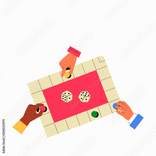 Board Game With Dice And Players Hands In Flat Vector Illustration Symbolizing Leisure, Fun, And Social Interaction, Isolated On White Background