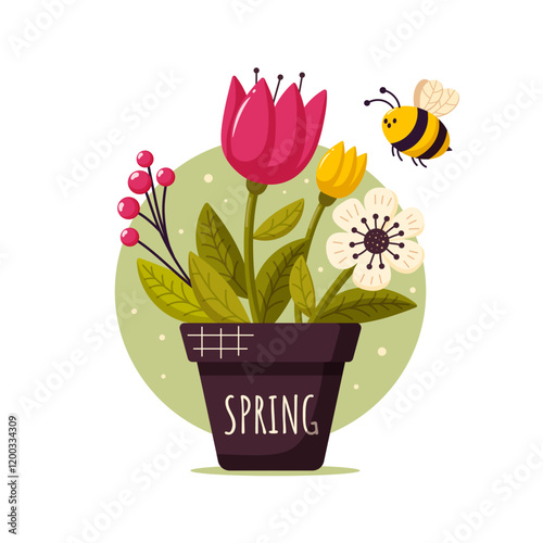 Hello spring. Bouquet of spring flowers in a pot on white background. Greeting card. Vector illustration.