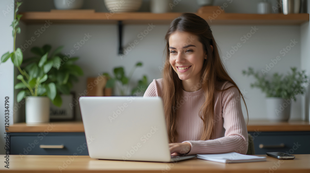 Young businesswoman manage business from home on remote, freelancer using laptop sit kitchen table on self-quarantine, work over personal growth, apply for online courses to learn new skills Young businesswoman manage business from home on remote, freelancer using laptop sit kitchen table on self-quarantine, work over personal growth, apply for online courses to learn new skills