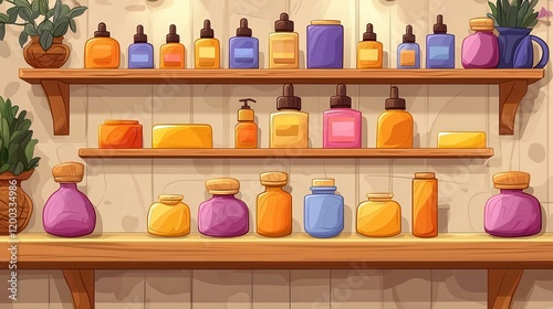 Wallpaper Mural Colorful shelves displaying various cosmetic bottles in a charming setting. Torontodigital.ca